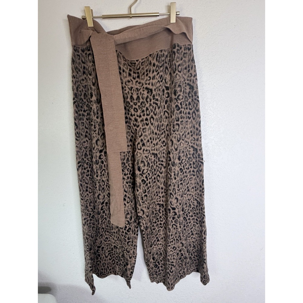 Anthropologie Moth Leopard Print Knit Wide Leg Pants Women XL Tie Waist Brown